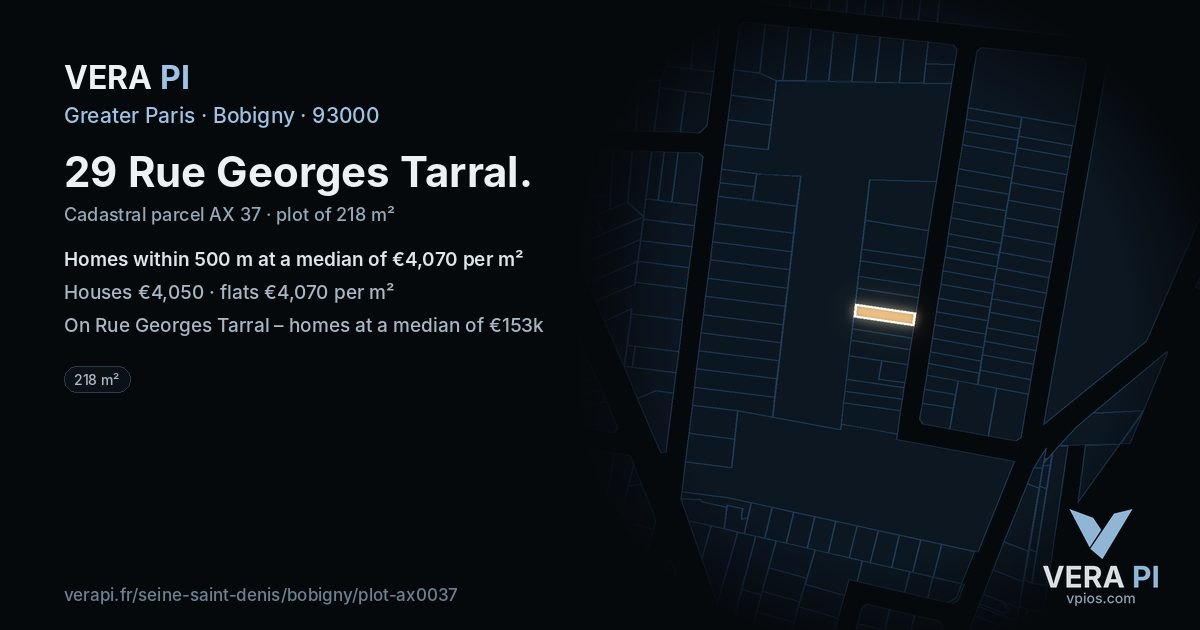29 Rue Georges Tarral, Bobigny at night – the plot lit, the parcels around coloured by the prices near them
