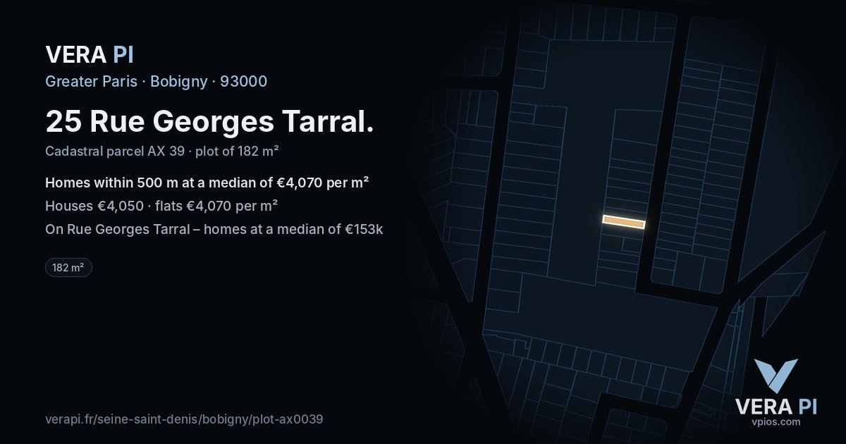 25 Rue Georges Tarral, Bobigny at night – the plot lit, the parcels around coloured by the prices near them
