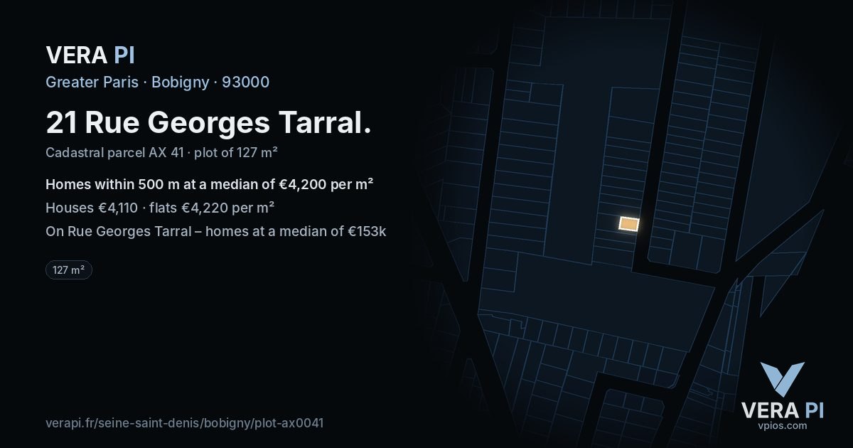 21 Rue Georges Tarral, Bobigny at night – the plot lit, the parcels around coloured by the prices near them