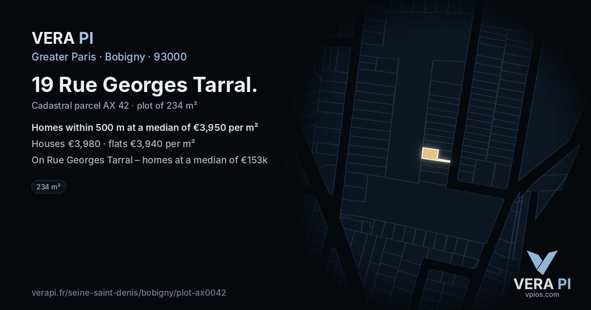 19 Rue Georges Tarral, Bobigny at night – the plot lit, the parcels around coloured by the prices near them