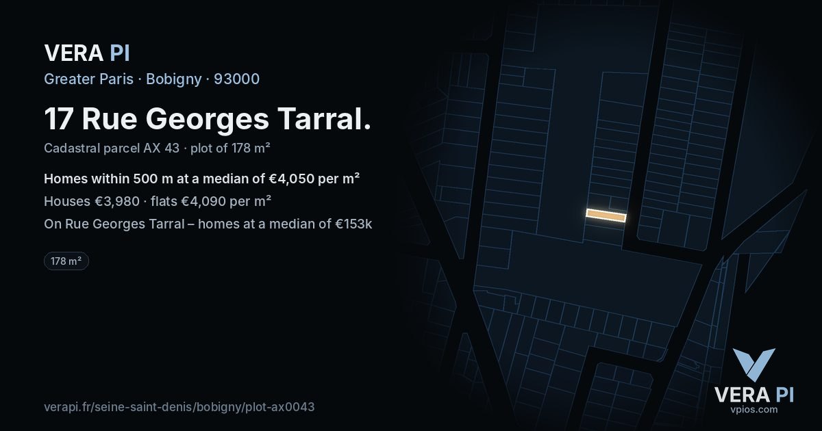 17 Rue Georges Tarral, Bobigny at night – the plot lit, the parcels around coloured by the prices near them