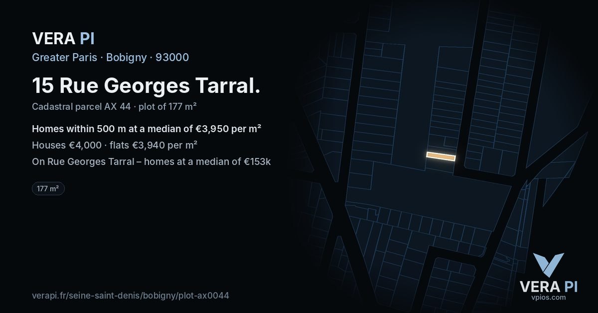 15 Rue Georges Tarral, Bobigny at night – the plot lit, the parcels around coloured by the prices near them