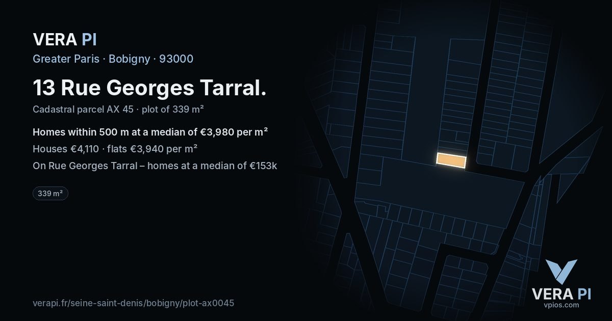 13 Rue Georges Tarral, Bobigny at night – the plot lit, the parcels around coloured by the prices near them