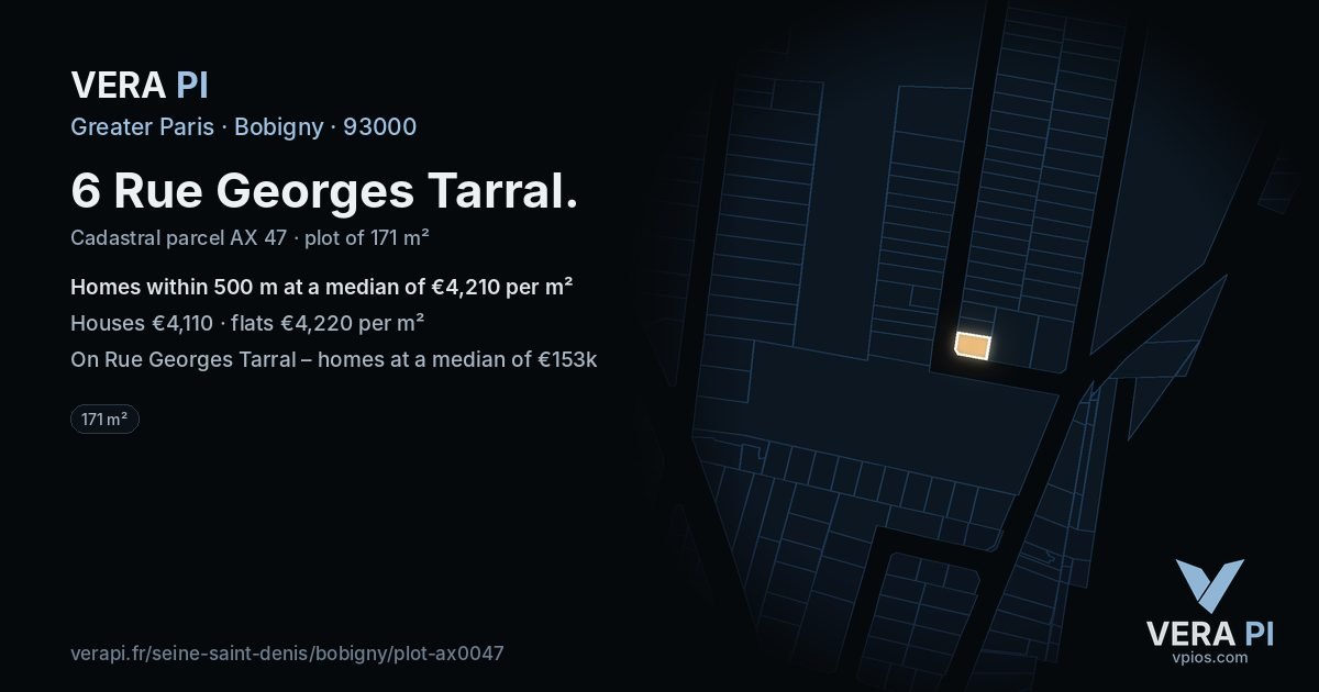 6 Rue Georges Tarral, Bobigny at night – the plot lit, the parcels around coloured by the prices near them