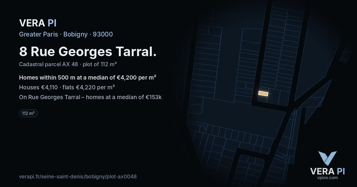 8 Rue Georges Tarral, Bobigny at night – the plot lit, the parcels around coloured by the prices near them