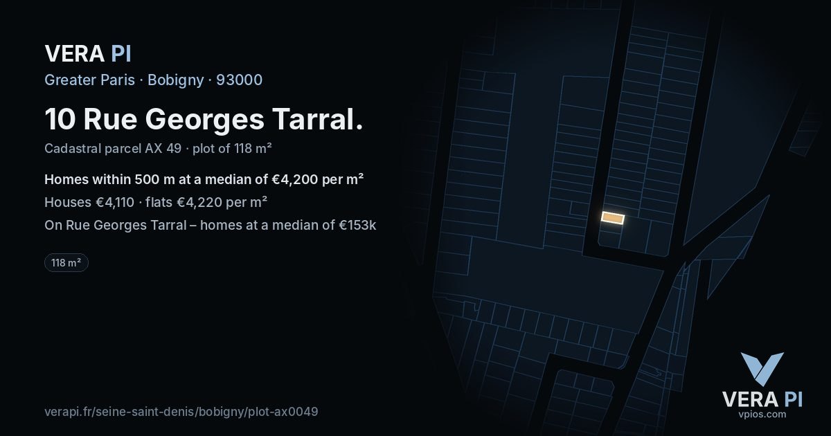 10 Rue Georges Tarral, Bobigny at night – the plot lit, the parcels around coloured by the prices near them