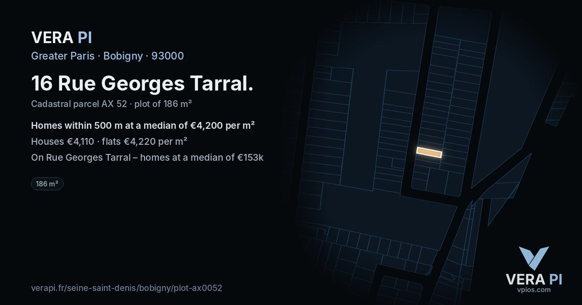 16 Rue Georges Tarral, Bobigny at night – the plot lit, the parcels around coloured by the prices near them