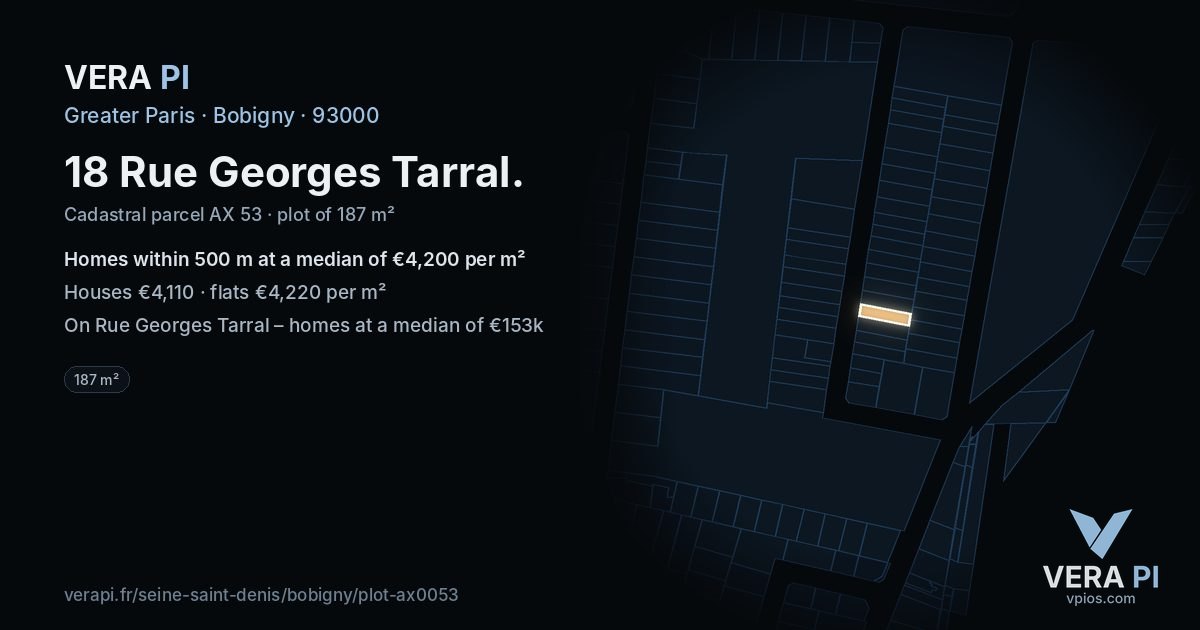 18 Rue Georges Tarral, Bobigny at night – the plot lit, the parcels around coloured by the prices near them