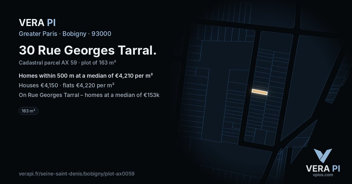 30 Rue Georges Tarral, Bobigny at night – the plot lit, the parcels around coloured by the prices near them