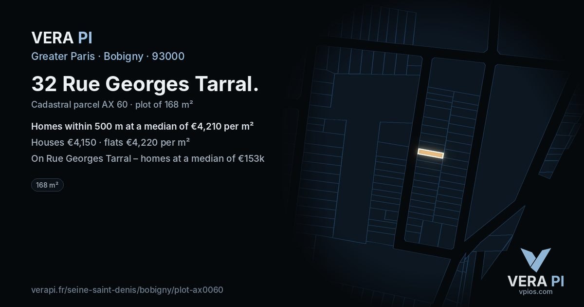 32 Rue Georges Tarral, Bobigny at night – the plot lit, the parcels around coloured by the prices near them