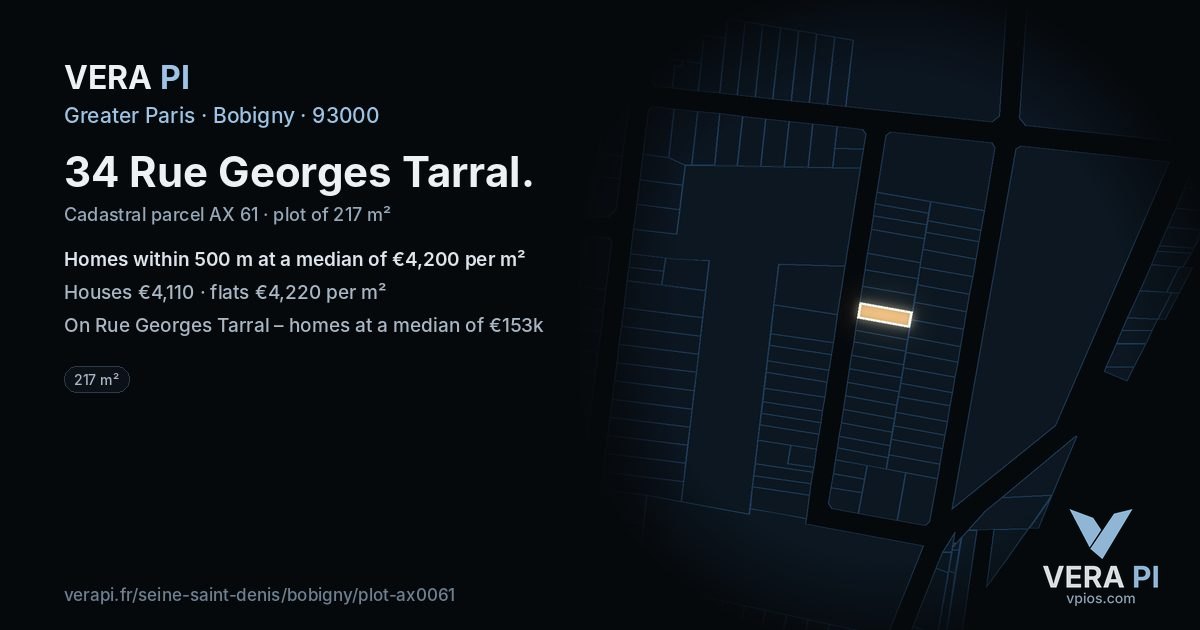 34 Rue Georges Tarral, Bobigny at night – the plot lit, the parcels around coloured by the prices near them
