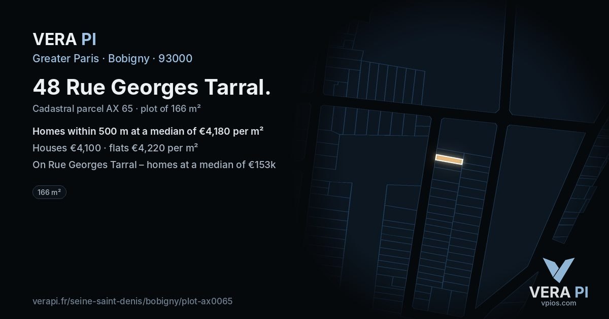 48 Rue Georges Tarral, Bobigny at night – the plot lit, the parcels around coloured by the prices near them