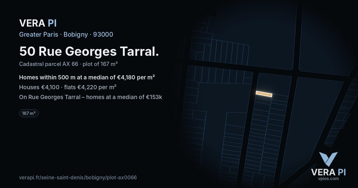 50 Rue Georges Tarral, Bobigny at night – the plot lit, the parcels around coloured by the prices near them