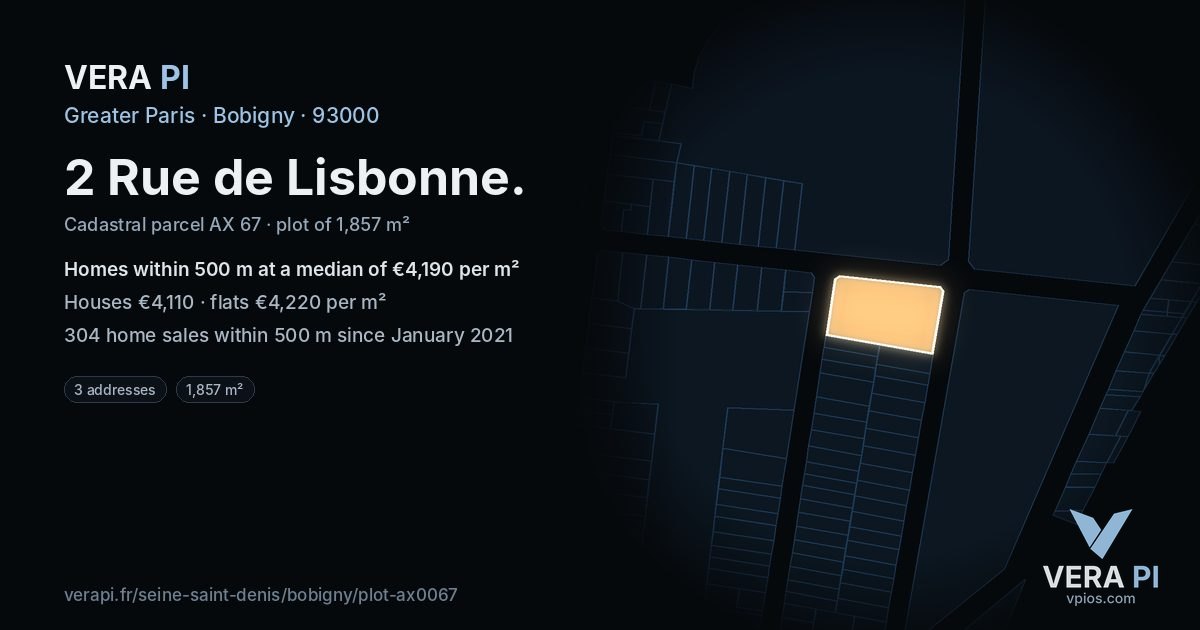 2 Rue de Lisbonne, Bobigny at night – the plot lit, the parcels around coloured by the prices near them