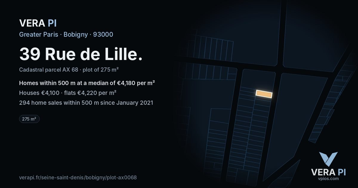39 Rue de Lille, Bobigny at night – the plot lit, the parcels around coloured by the prices near them