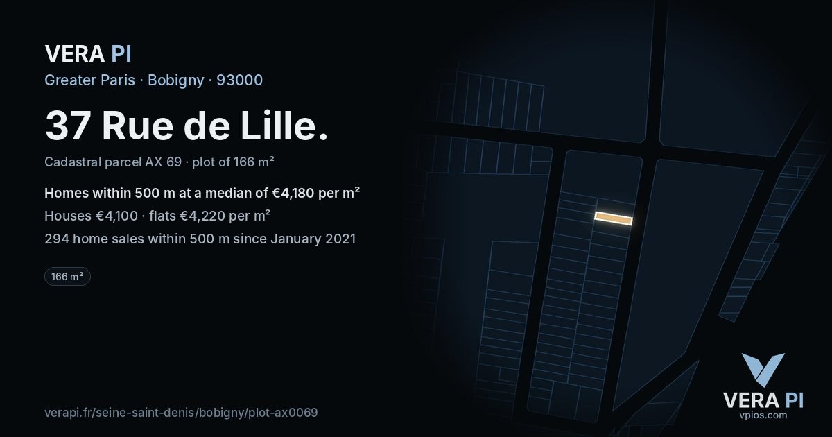 37 Rue de Lille, Bobigny at night – the plot lit, the parcels around coloured by the prices near them