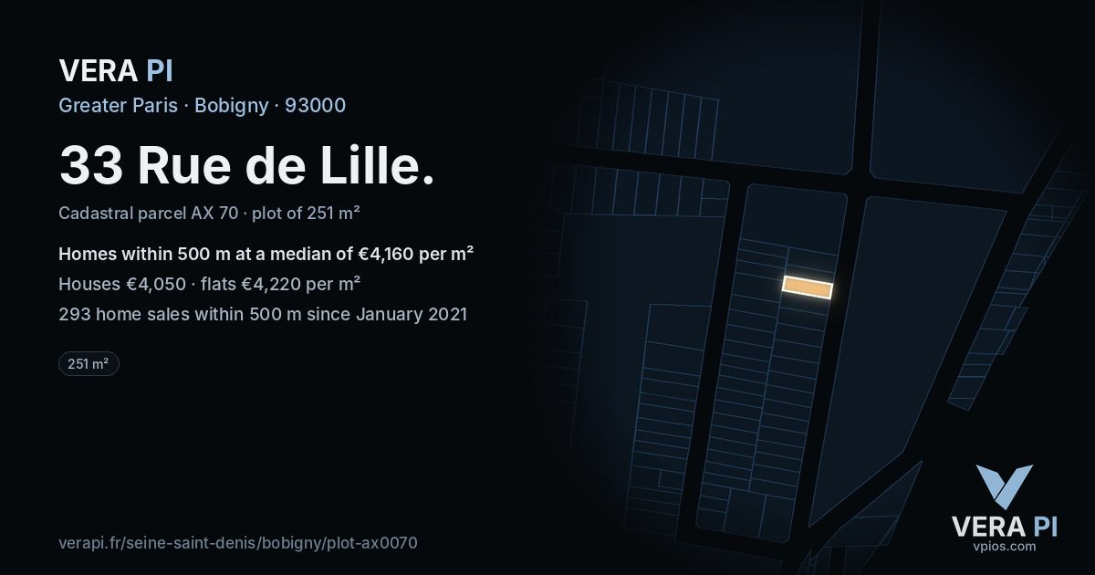 33 Rue de Lille, Bobigny at night – the plot lit, the parcels around coloured by the prices near them