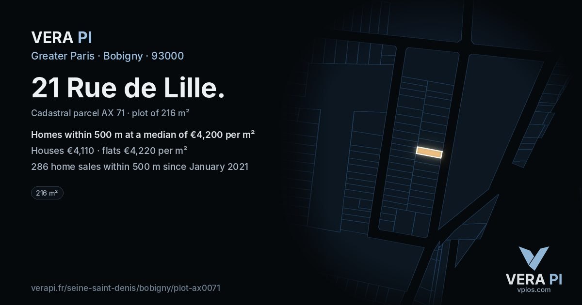 21 Rue de Lille, Bobigny at night – the plot lit, the parcels around coloured by the prices near them