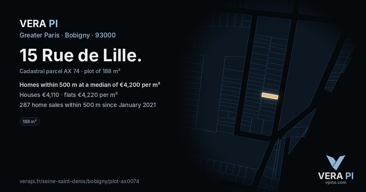 15 Rue de Lille, Bobigny at night – the plot lit, the parcels around coloured by the prices near them