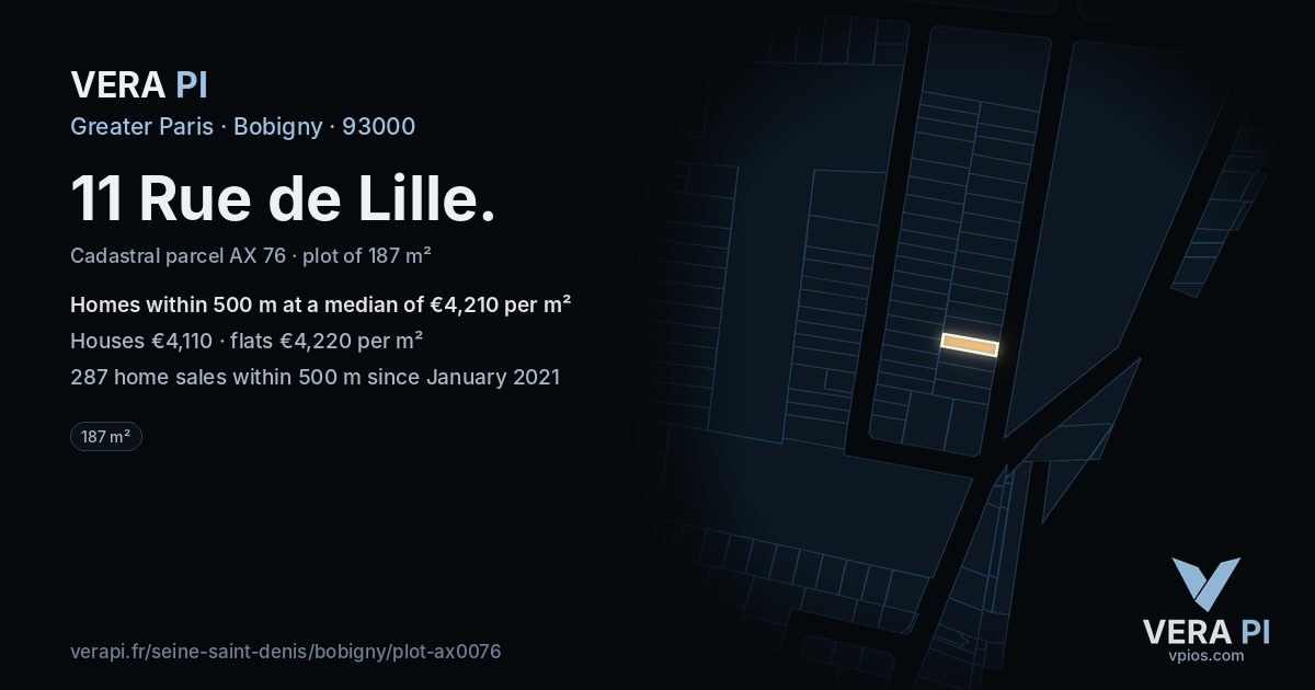11 Rue de Lille, Bobigny at night – the plot lit, the parcels around coloured by the prices near them