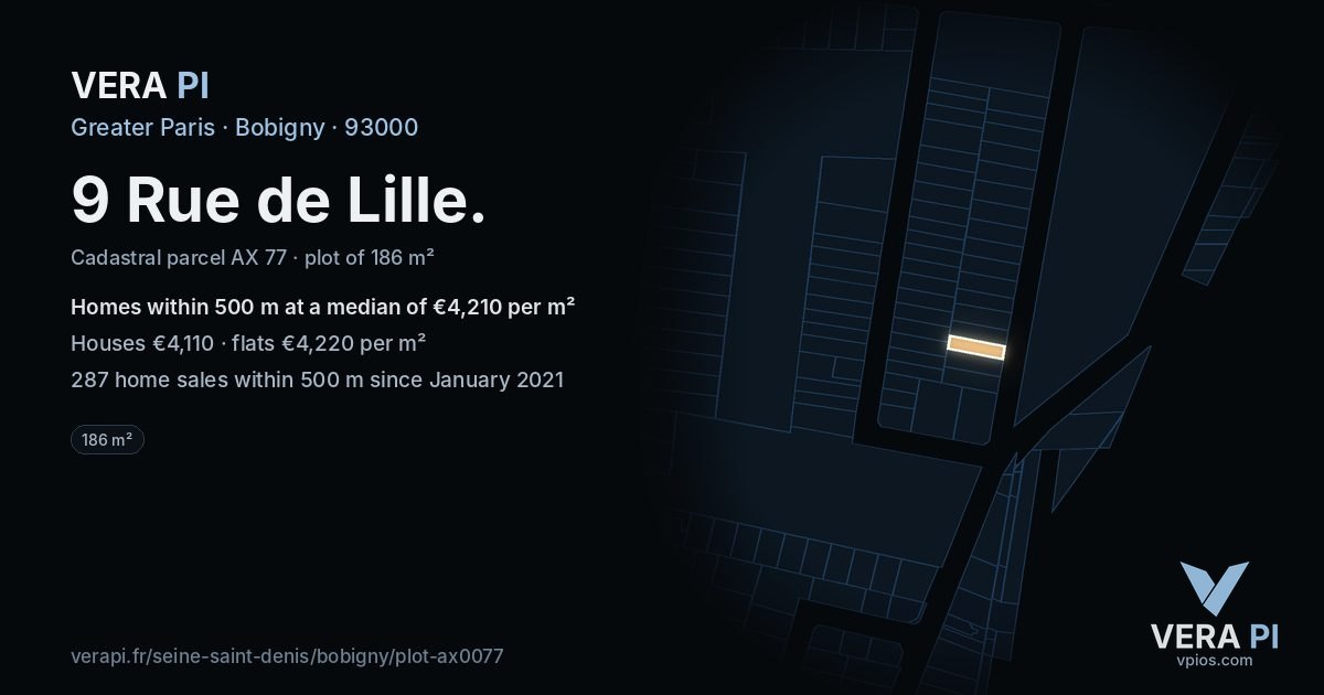 9 Rue de Lille, Bobigny at night – the plot lit, the parcels around coloured by the prices near them