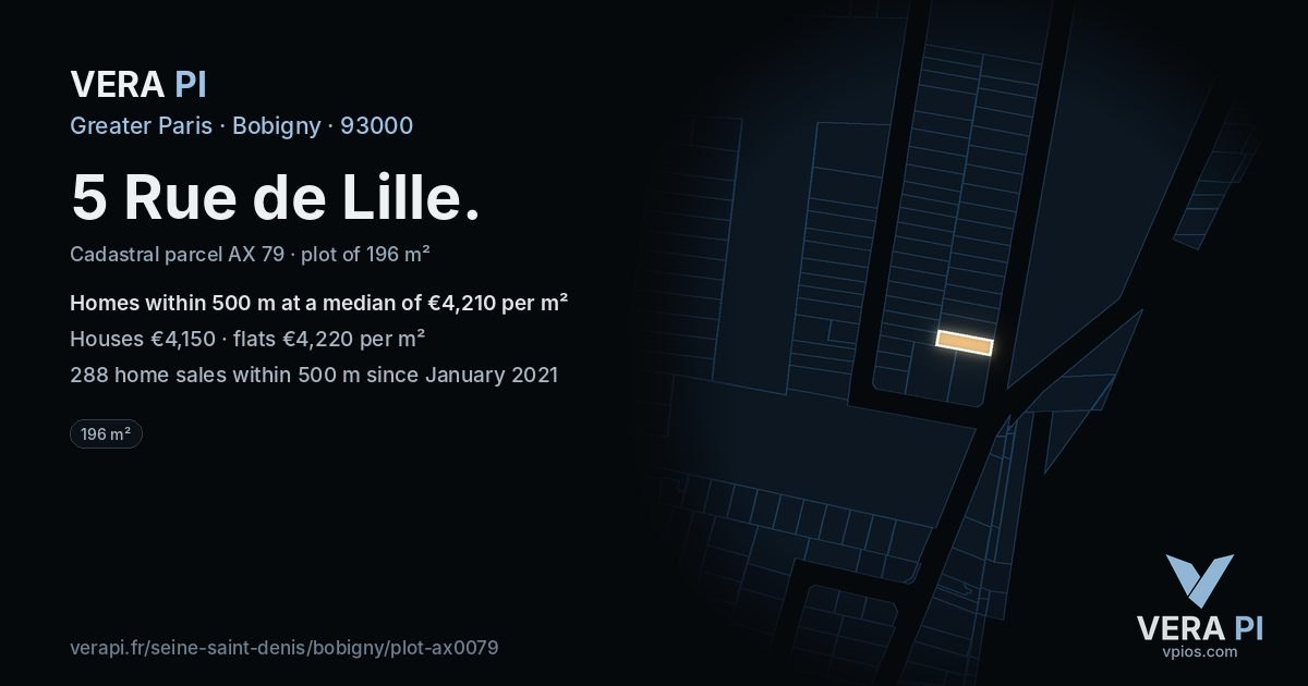 5 Rue de Lille, Bobigny at night – the plot lit, the parcels around coloured by the prices near them