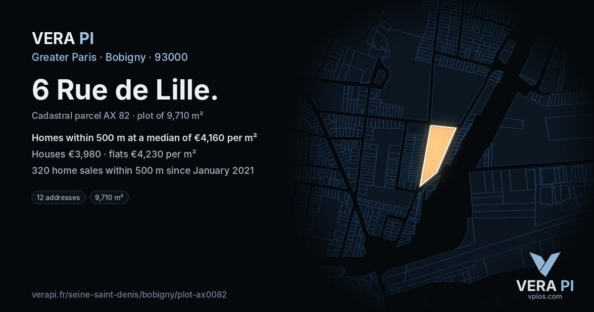 6 Rue de Lille, Bobigny at night – the plot lit, the parcels around coloured by the prices near them
