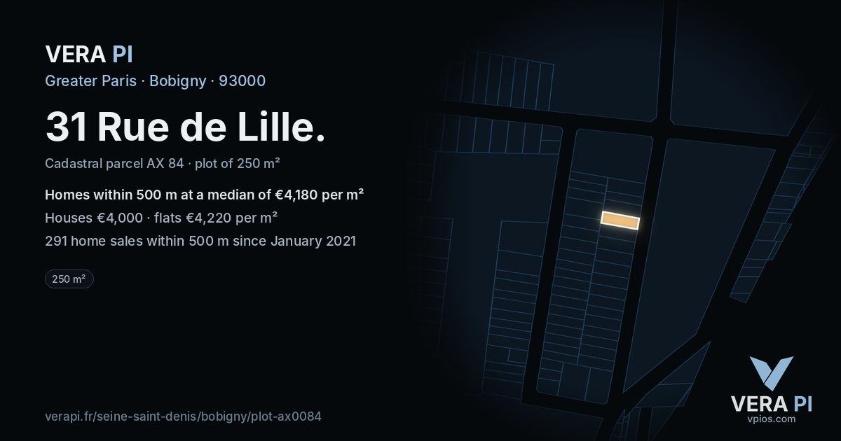 31 Rue de Lille, Bobigny at night – the plot lit, the parcels around coloured by the prices near them