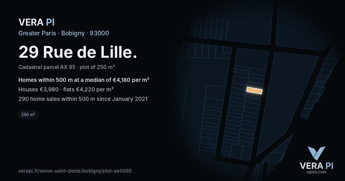 29 Rue de Lille, Bobigny at night – the plot lit, the parcels around coloured by the prices near them