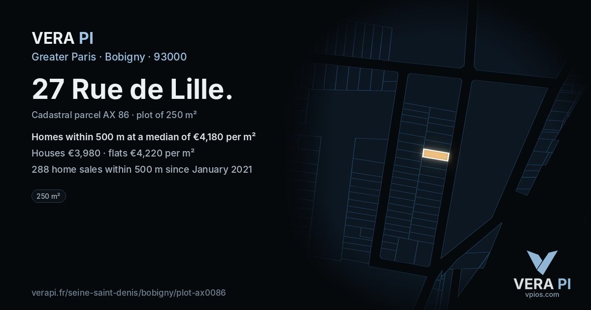 27 Rue de Lille, Bobigny at night – the plot lit, the parcels around coloured by the prices near them