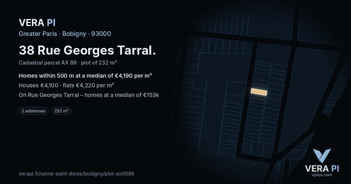 38 Rue Georges Tarral, Bobigny at night – the plot lit, the parcels around coloured by the prices near them
