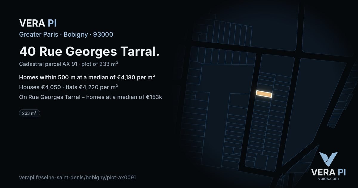 40 Rue Georges Tarral, Bobigny at night – the plot lit, the parcels around coloured by the prices near them