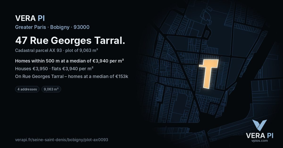 47 Rue Georges Tarral, Bobigny at night – the plot lit, the parcels around coloured by the prices near them