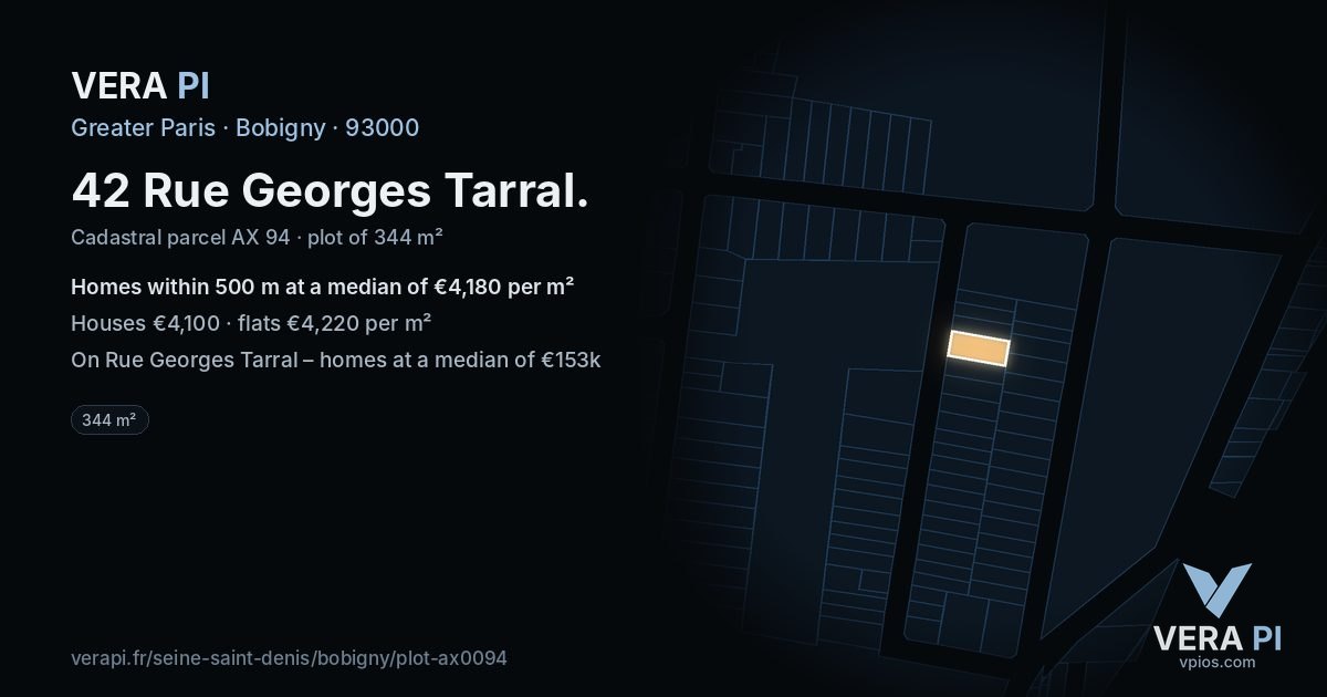 42 Rue Georges Tarral, Bobigny at night – the plot lit, the parcels around coloured by the prices near them