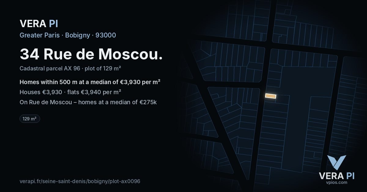 34 Rue de Moscou, Bobigny at night – the plot lit, the parcels around coloured by the prices near them