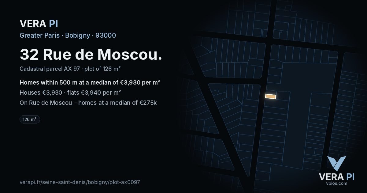 32 Rue de Moscou, Bobigny at night – the plot lit, the parcels around coloured by the prices near them