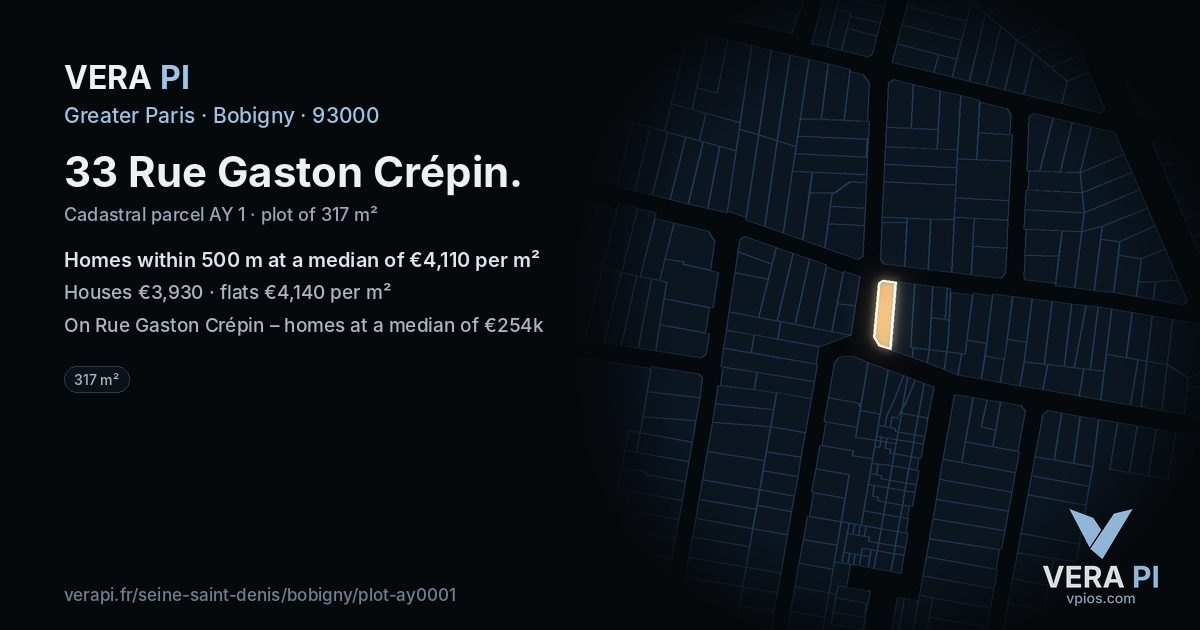 33 Rue Gaston Crépin, Bobigny at night – the plot lit, the parcels around coloured by the prices near them