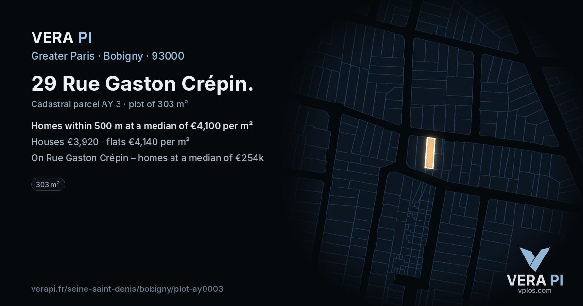 29 Rue Gaston Crépin, Bobigny at night – the plot lit, the parcels around coloured by the prices near them