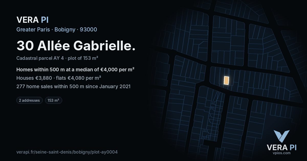 30 Allée Gabrielle, Bobigny at night – the plot lit, the parcels around coloured by the prices near them