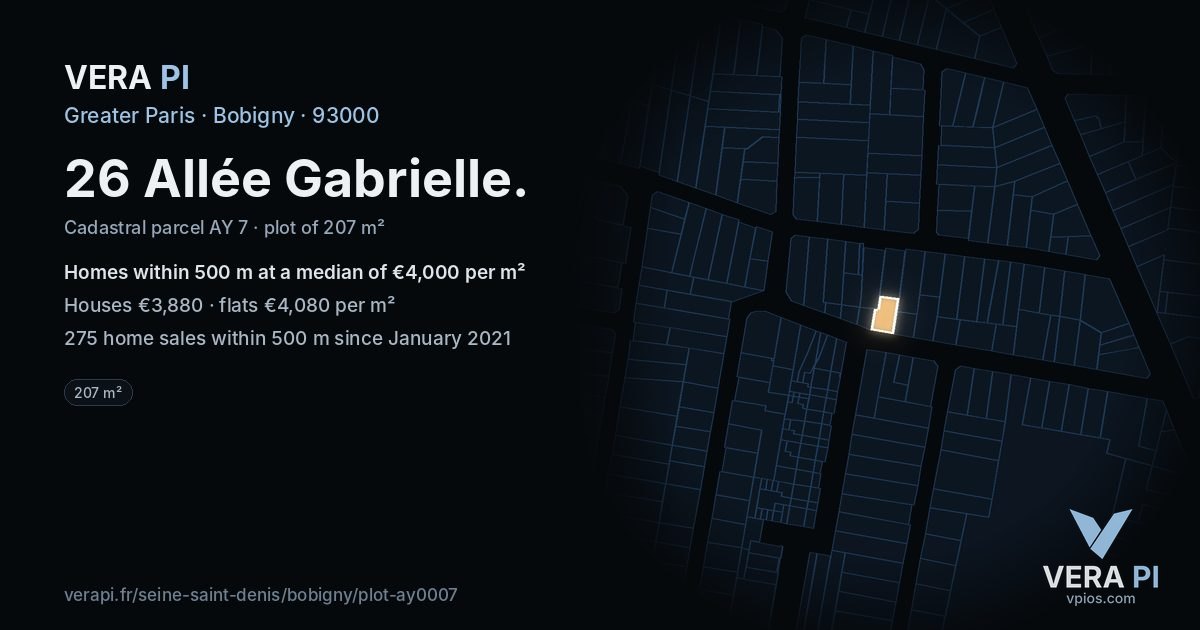 26 Allée Gabrielle, Bobigny at night – the plot lit, the parcels around coloured by the prices near them