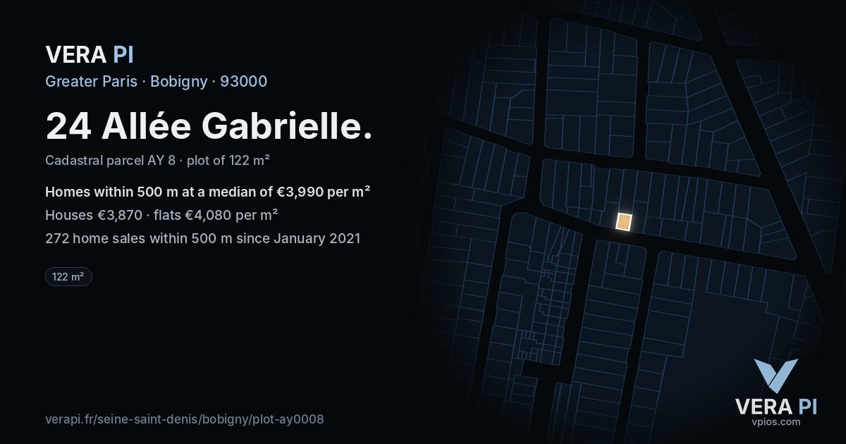 24 Allée Gabrielle, Bobigny at night – the plot lit, the parcels around coloured by the prices near them