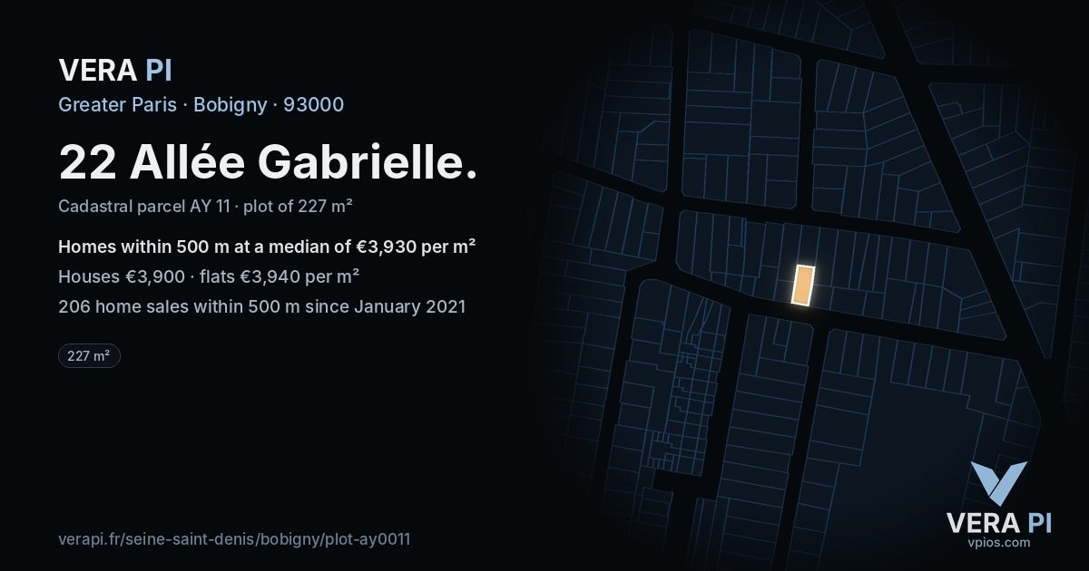 22 Allée Gabrielle, Bobigny at night – the plot lit, the parcels around coloured by the prices near them