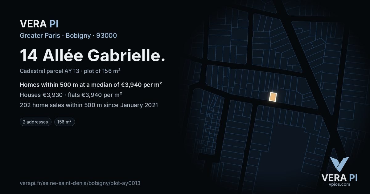 14 Allée Gabrielle, Bobigny at night – the plot lit, the parcels around coloured by the prices near them