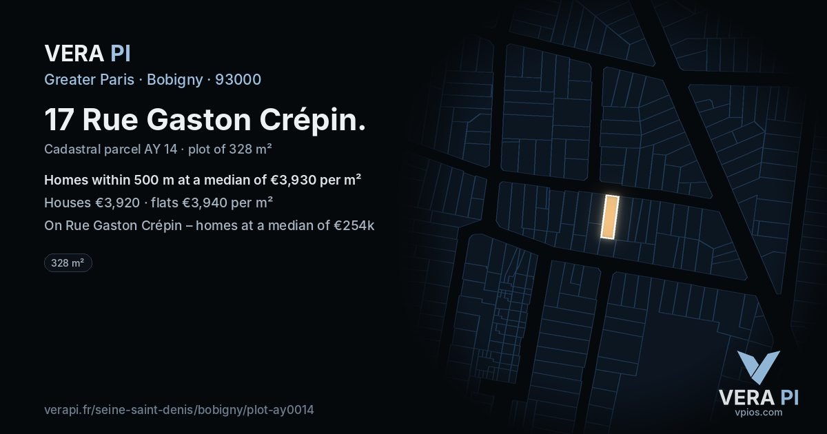 17 Rue Gaston Crépin, Bobigny at night – the plot lit, the parcels around coloured by the prices near them
