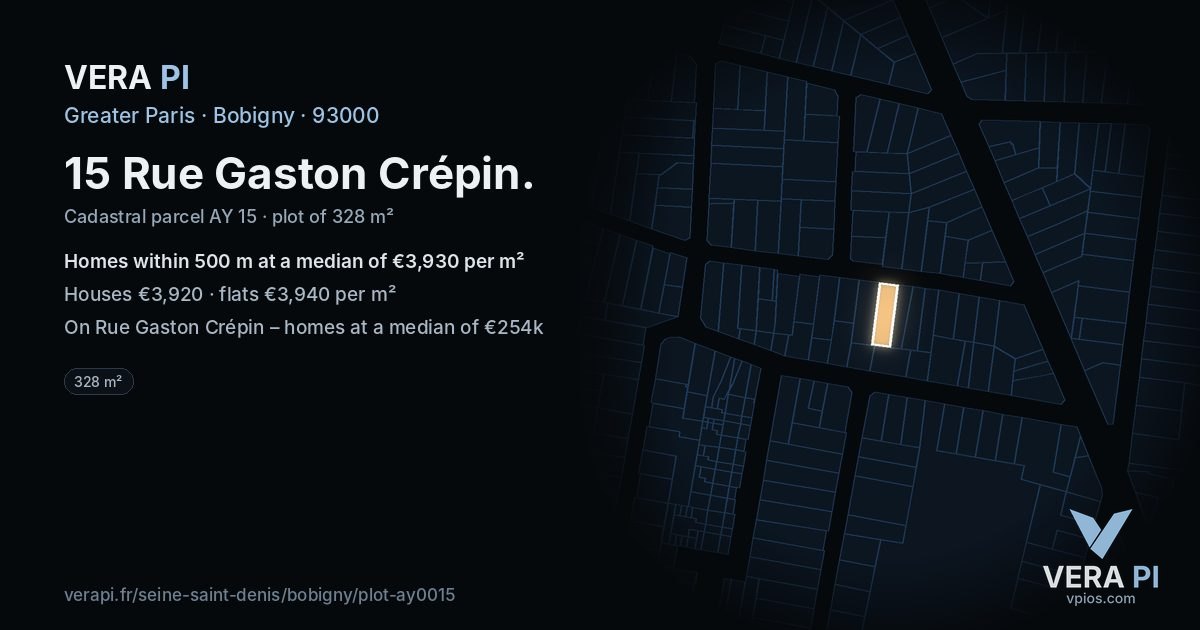 15 Rue Gaston Crépin, Bobigny at night – the plot lit, the parcels around coloured by the prices near them