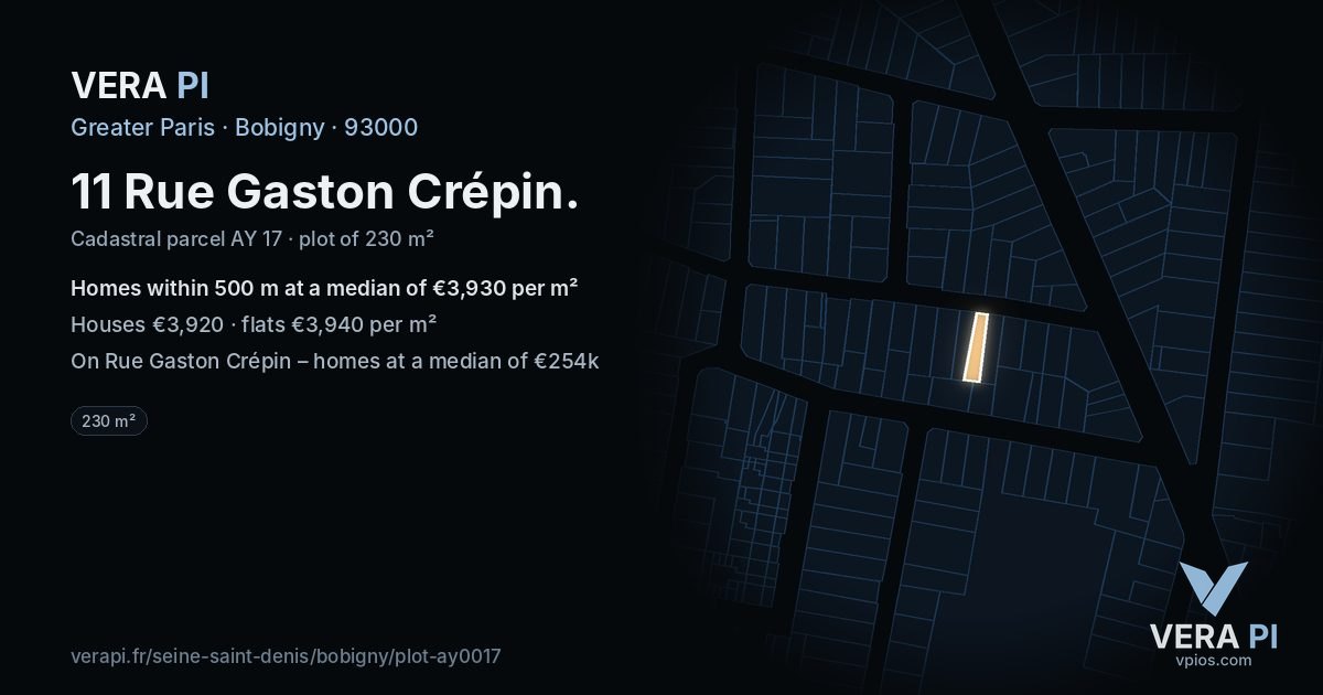 11 Rue Gaston Crépin, Bobigny at night – the plot lit, the parcels around coloured by the prices near them