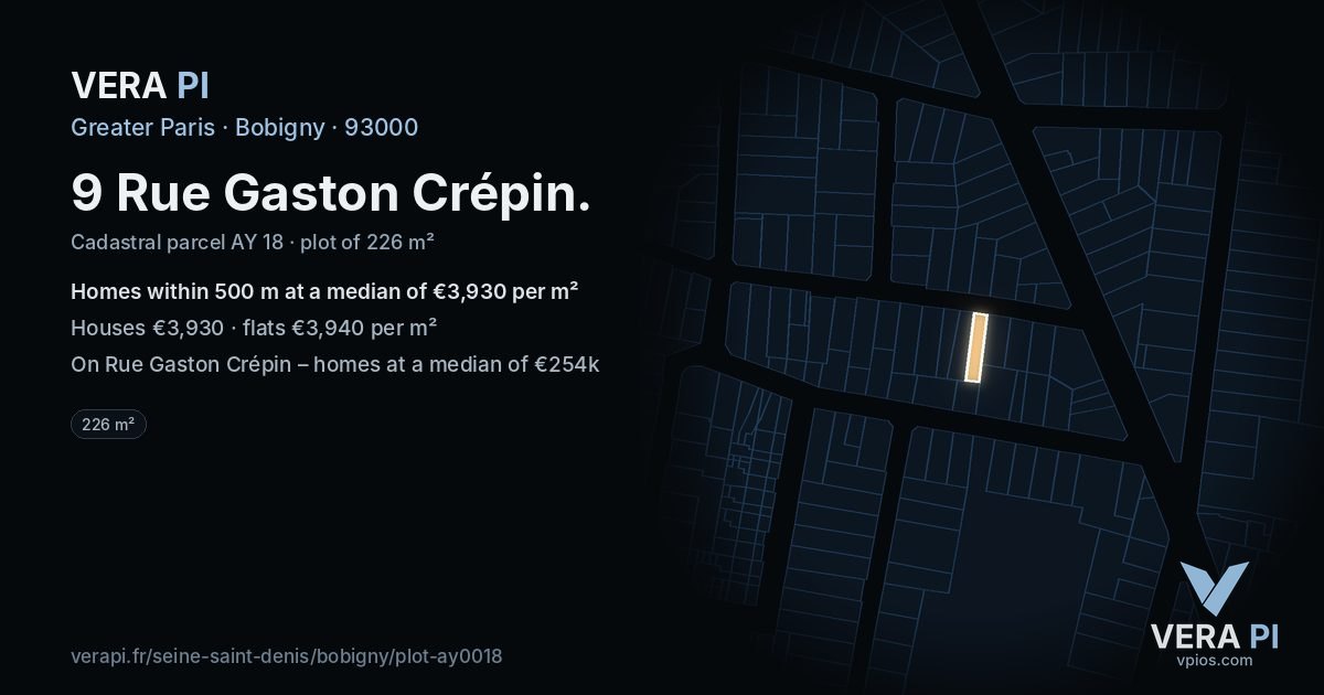 9 Rue Gaston Crépin, Bobigny at night – the plot lit, the parcels around coloured by the prices near them