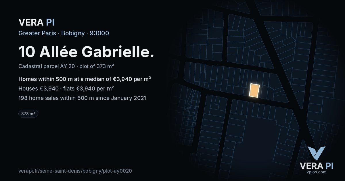 10 Allée Gabrielle, Bobigny at night – the plot lit, the parcels around coloured by the prices near them