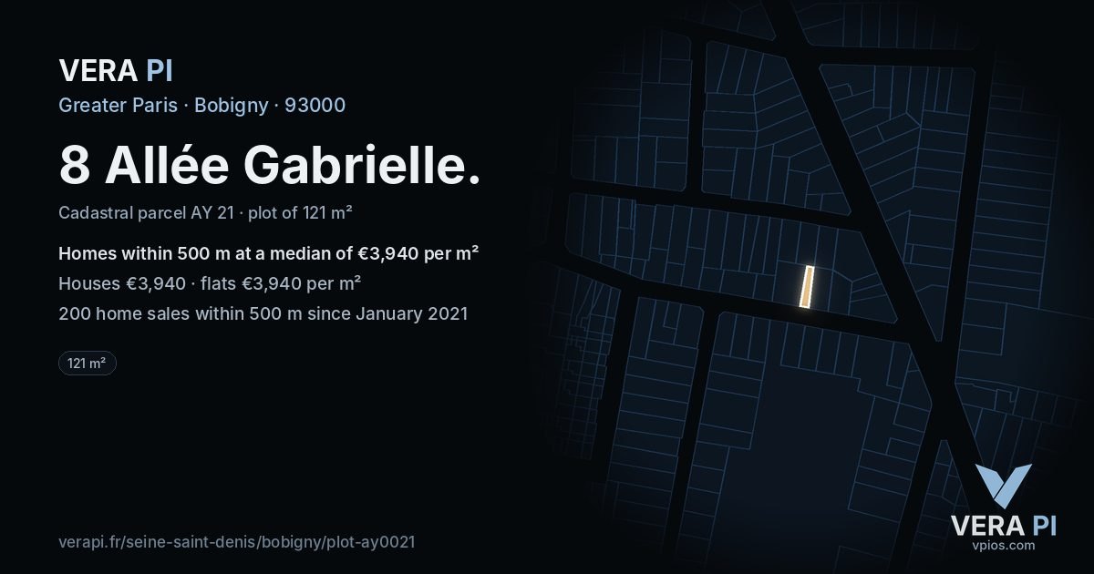 8 Allée Gabrielle, Bobigny at night – the plot lit, the parcels around coloured by the prices near them