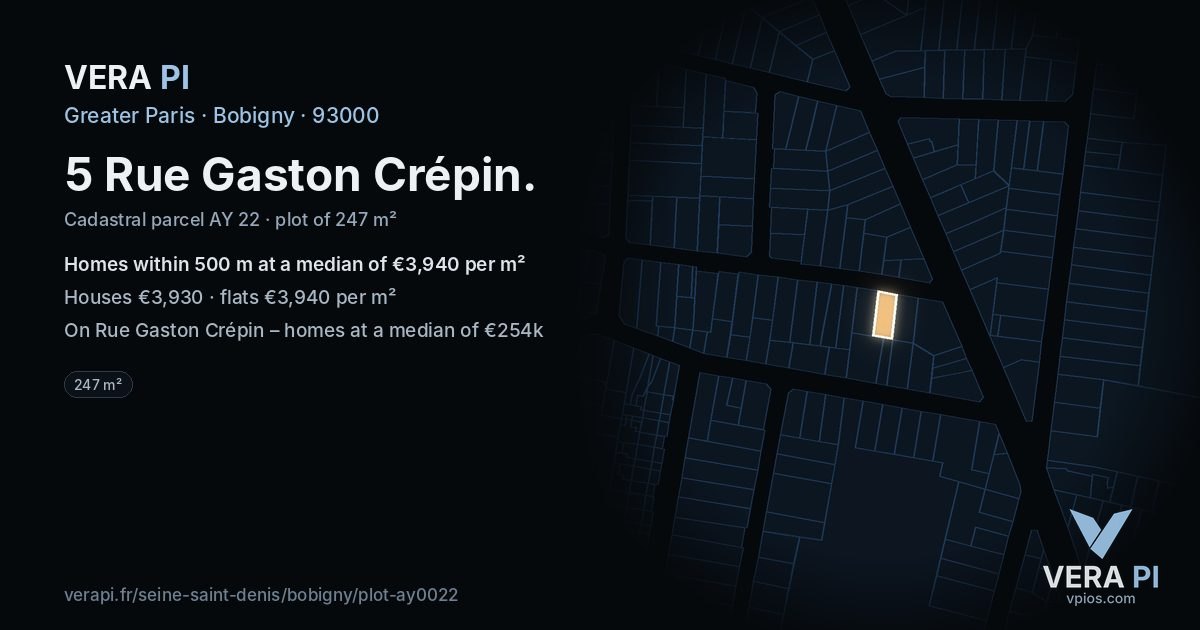 5 Rue Gaston Crépin, Bobigny at night – the plot lit, the parcels around coloured by the prices near them